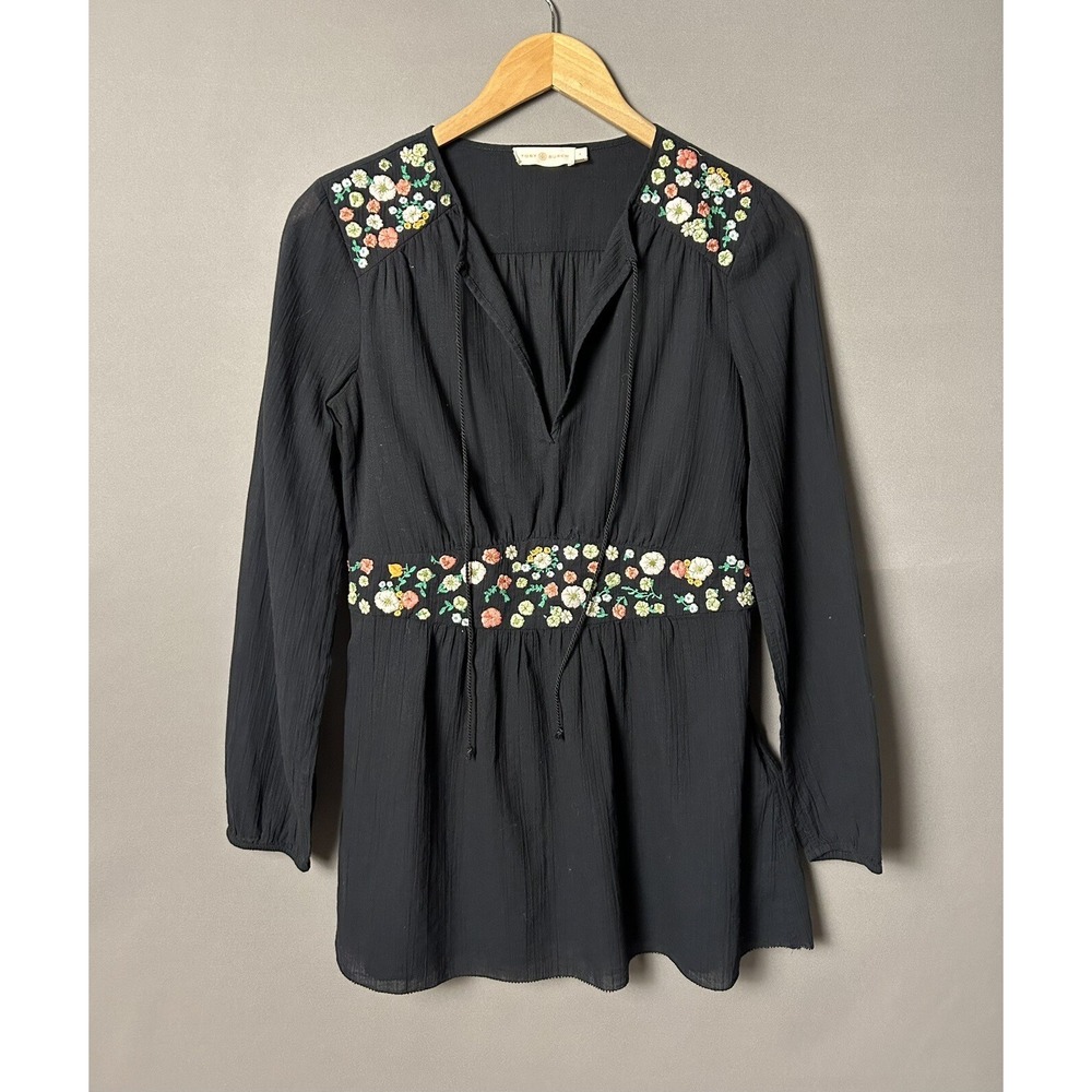 Tory Burch Top Size 4 FLEUR TUNIC Embroidered Trim Long Sleeve Black